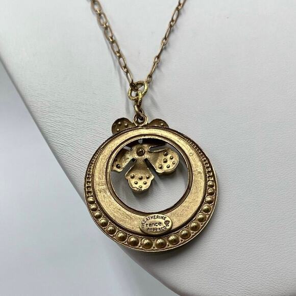 Catherine Popesco Cream Enamel Gray Swarovski Cryst Pendant Gold Plate Necklace - Picture 10 of 12